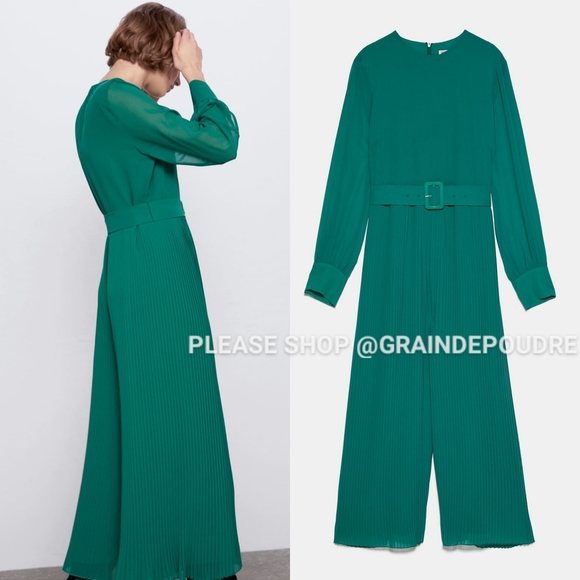 ZARA Kelly Green Pleated Leg Buckle Jumpsuit XS - Picture 3 of 3
